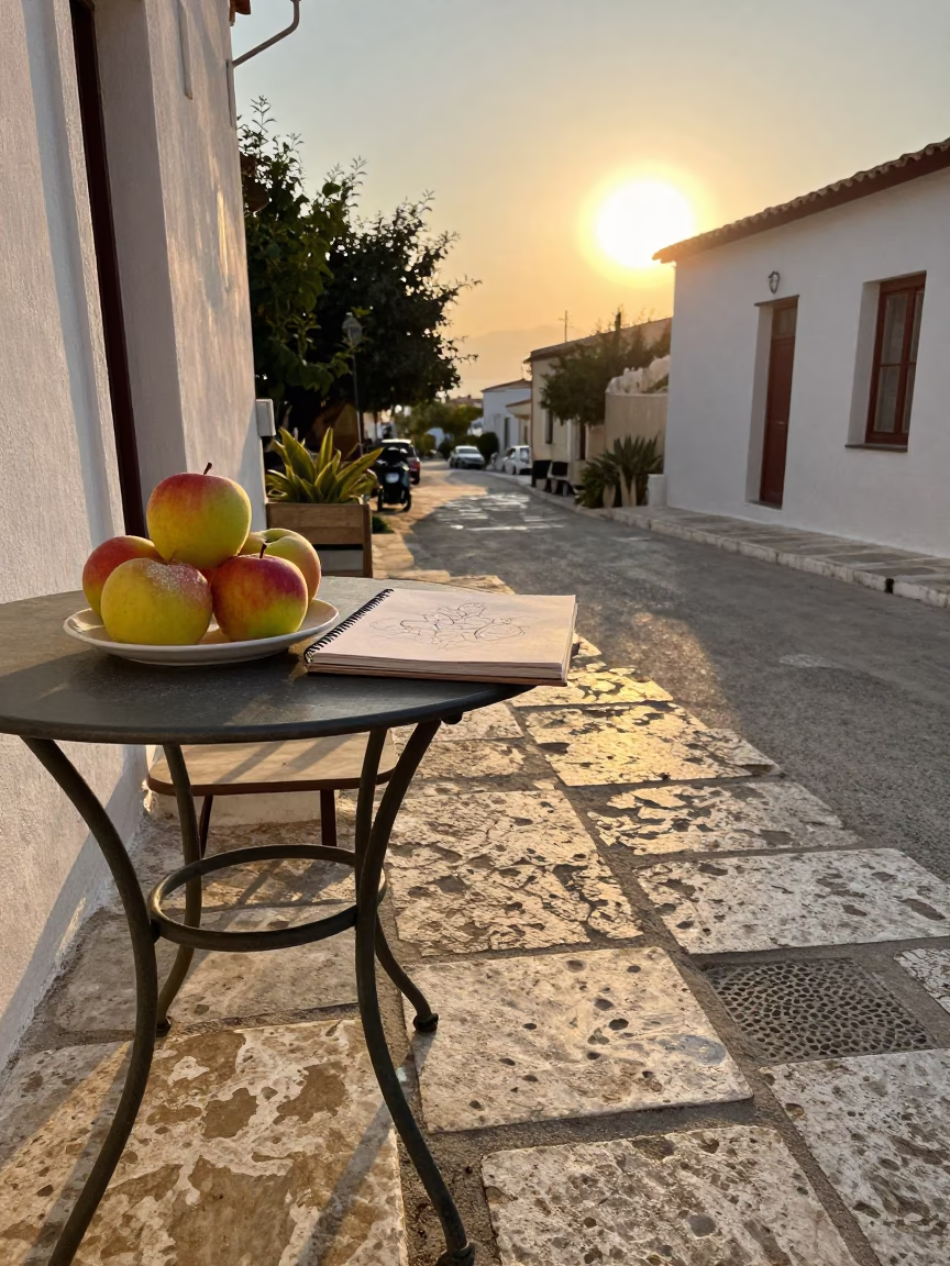 Golden Hour Street Scene in Athens Greece with Apples and Sketchbook on Cafe Table in in Athens, Greece