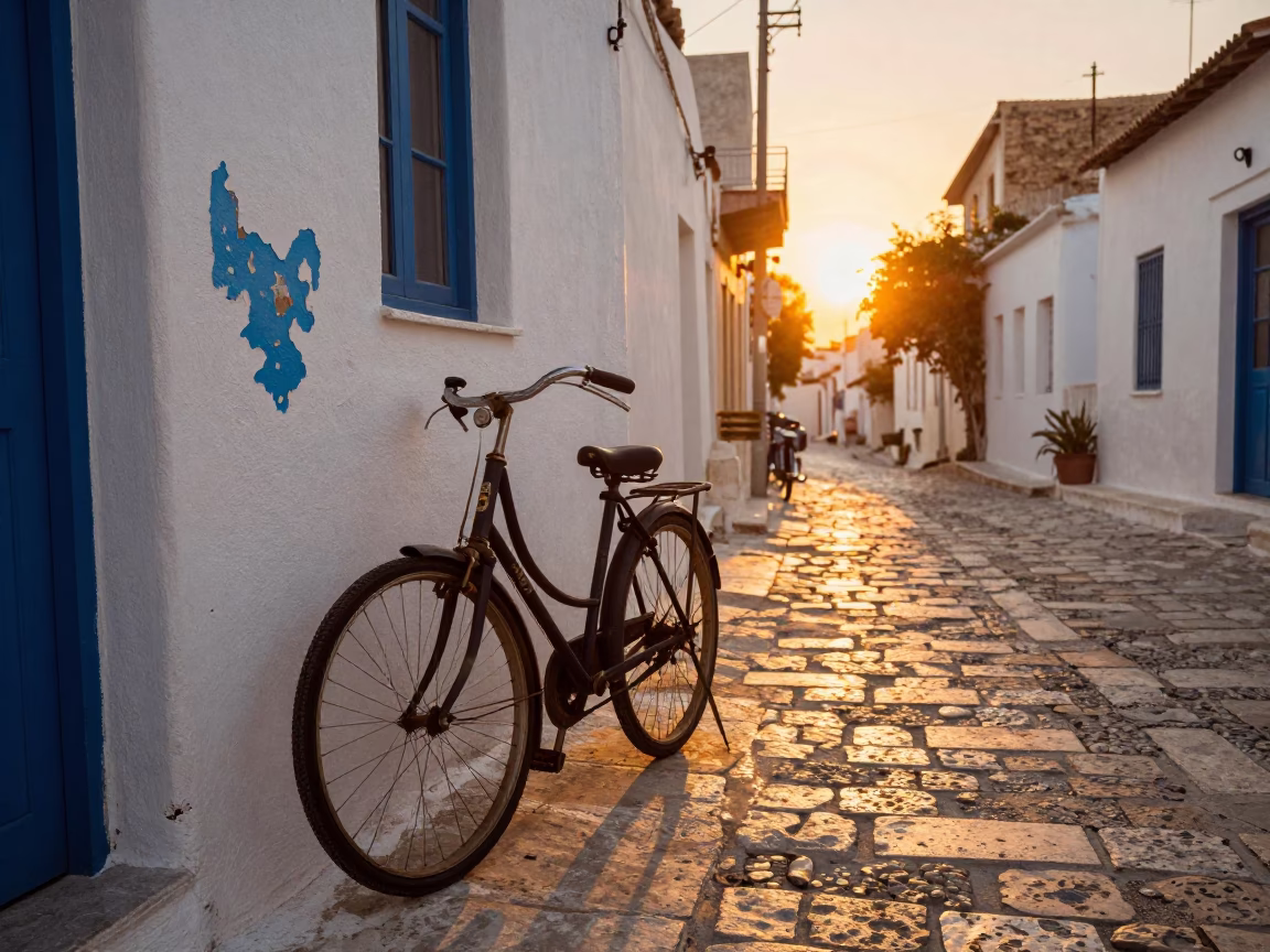 Golden Hour Street Scene in Athens Greece with Bicycle and Vintage Car at Sunset in in Athens, Greece