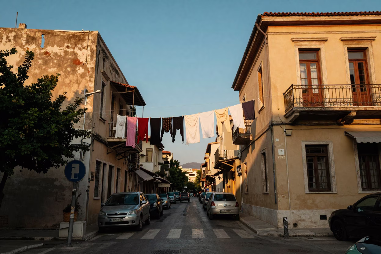 Golden Hour Street Scene in Athens Greece with Clothesline and Urban Life in in Athens, Greece