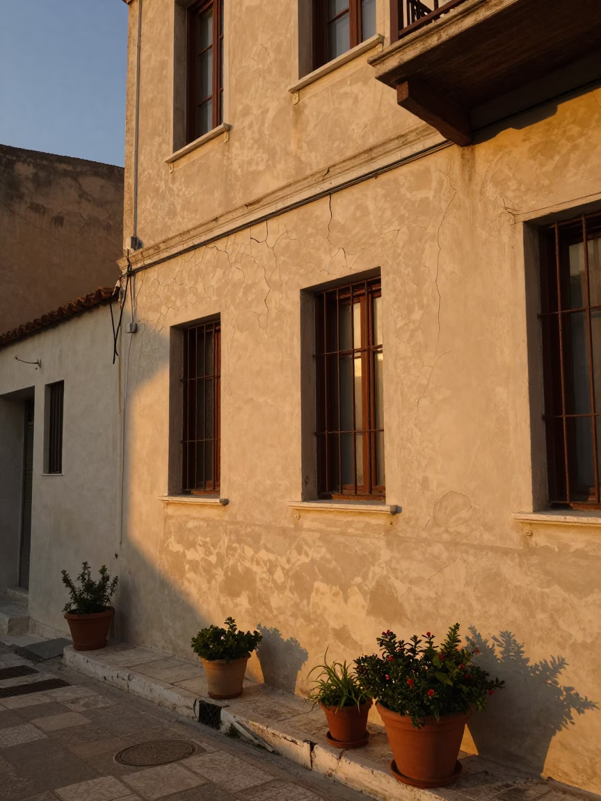 Golden Hour Street Scene in Athens Greece with Cracked Stucco and Potted Herbs in in Athens, Greece