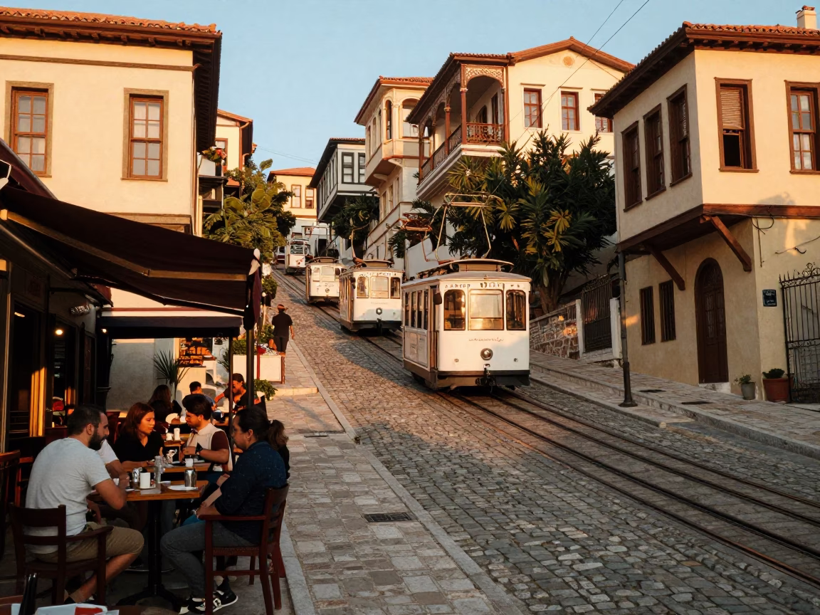 Golden Hour Street Scene in Athens Greece with Funicular and Traditional Cafe in in Athens, Greece