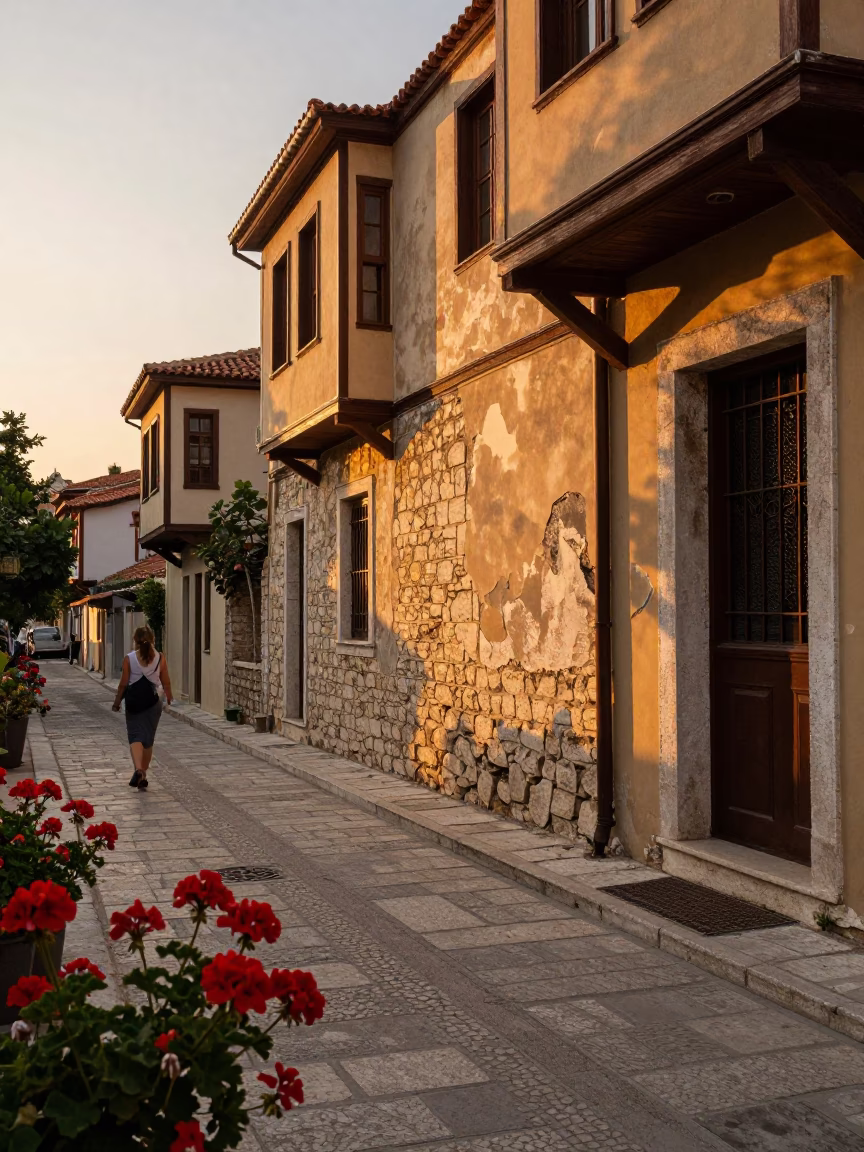 Golden Hour Street Scene in Athens Greece with Geraniums and Traditional Architecture in in Athens, Greece