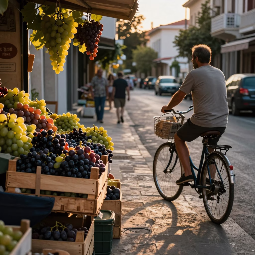 Golden Hour Street Scene in Athens Greece with Grapes and Bicycle in in Athens, Greece