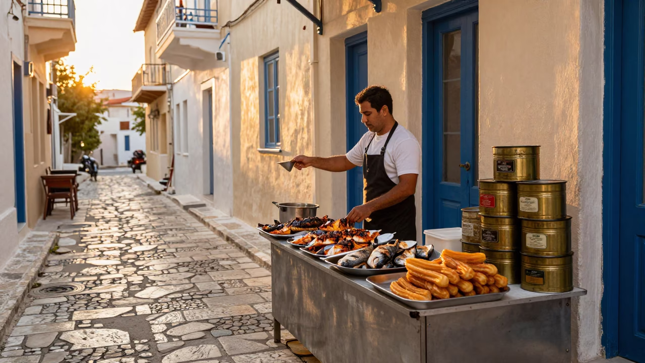 Golden Hour Street Scene in Athens Greece with Grilled Fish and Churros in in Athens, Greece