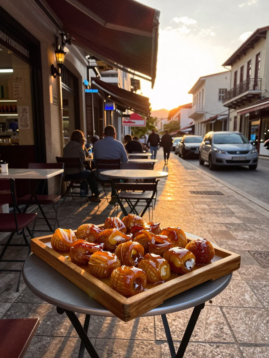 Golden Hour Street Scene in Athens Greece with Loukoumades Honey Sweets in in Athens, Greece
