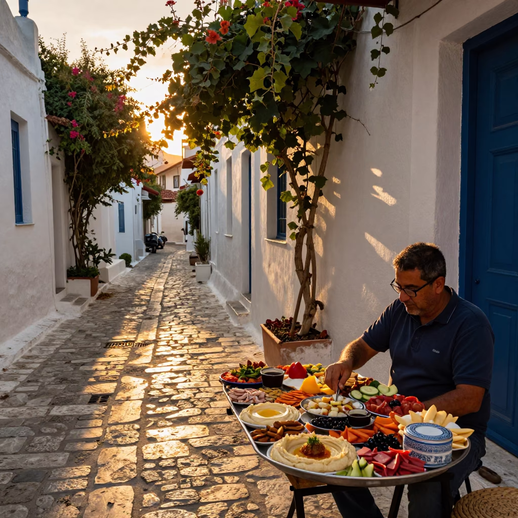 Golden Hour Street Scene in Athens Greece with Mezze Platter and Coffee Tin in in Athens, Greece