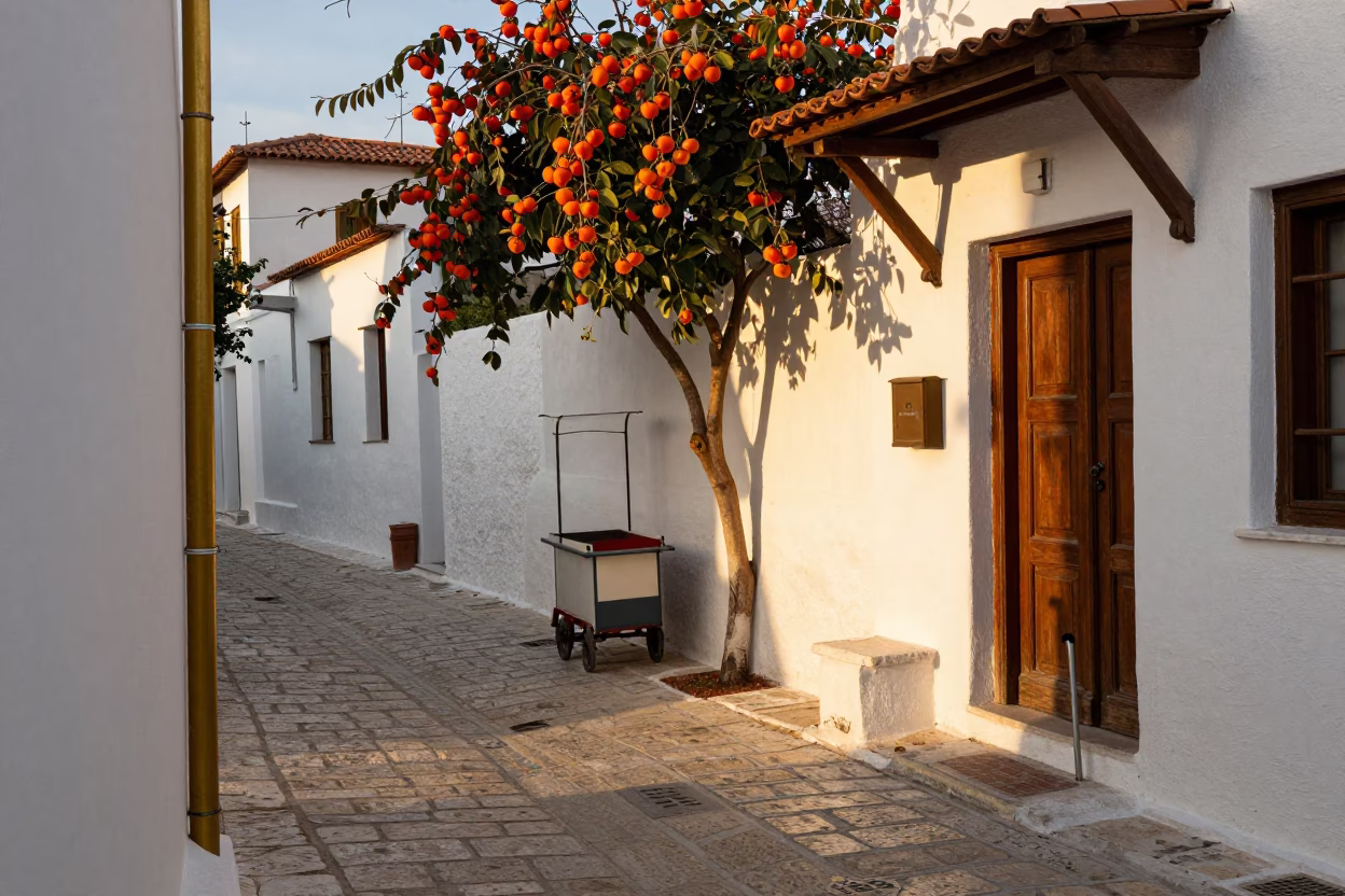 Golden Hour Street Scene in Athens Greece with Persimmons and Brass Drain Detail in in Athens, Greece