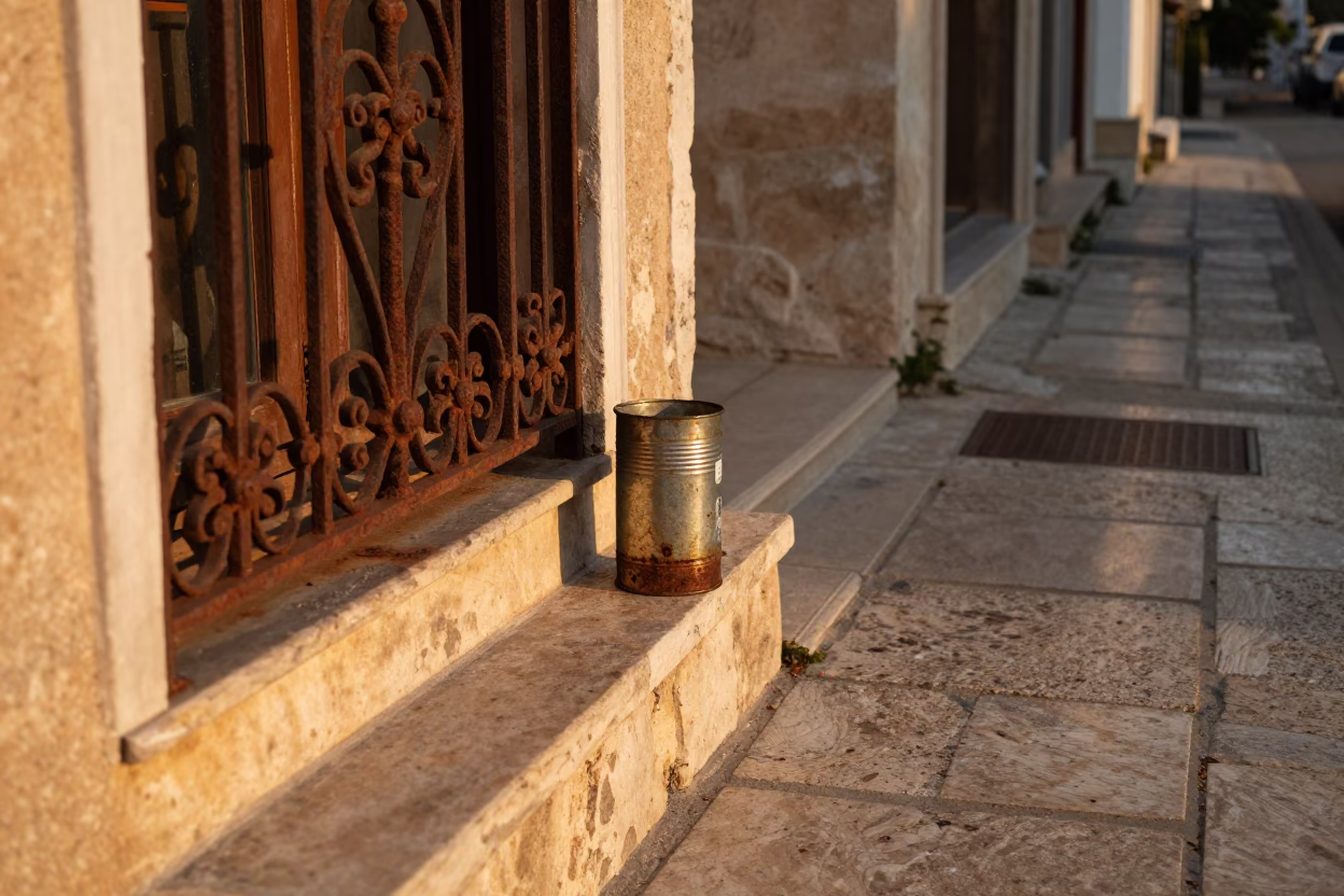 Golden Hour Street Scene in Athens Greece with Rusty Rail and Coffee Tin in in Athens, Greece