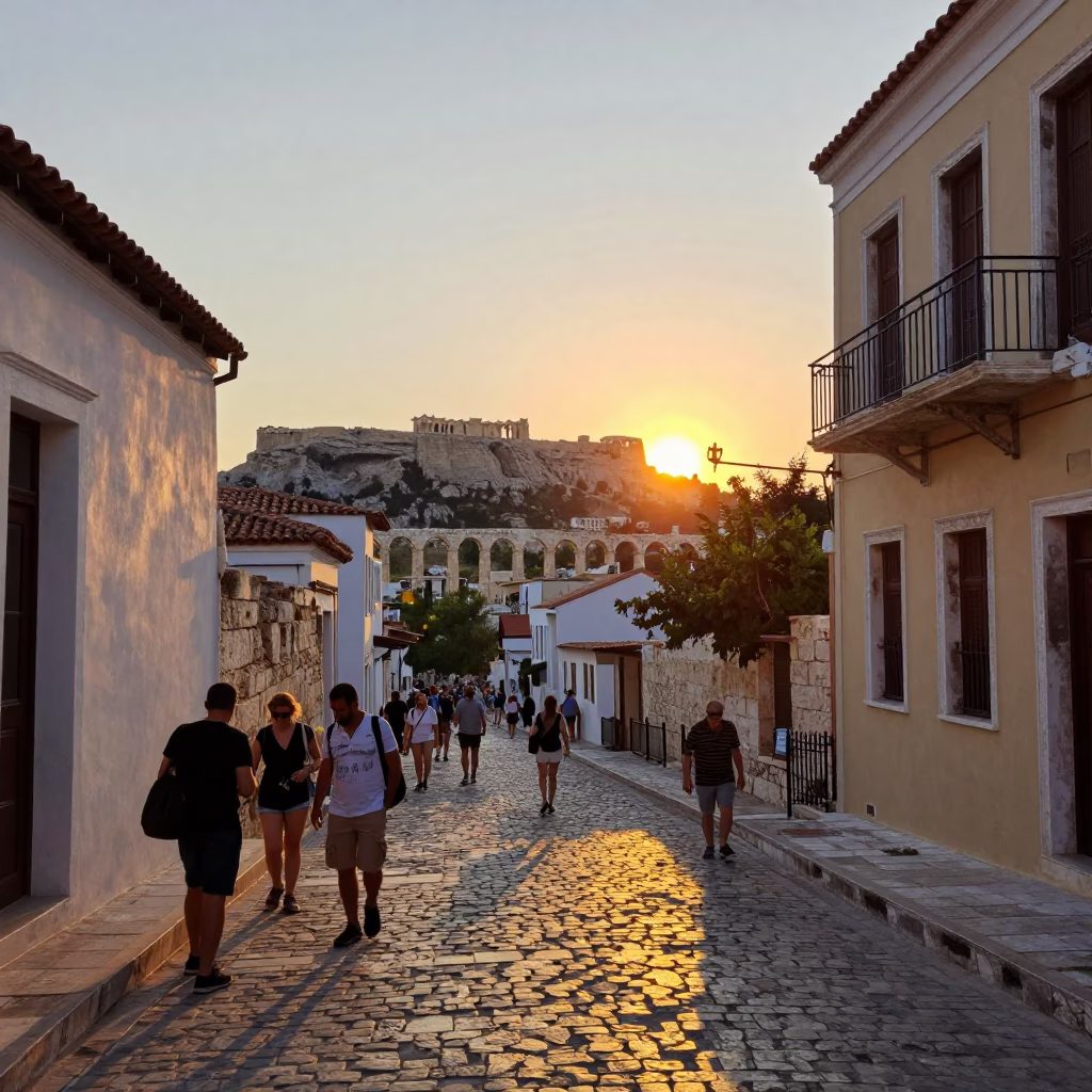 Golden Hour Street Scene in Athens Greece with Tourists and Ancient Ruins in in Athens, Greece