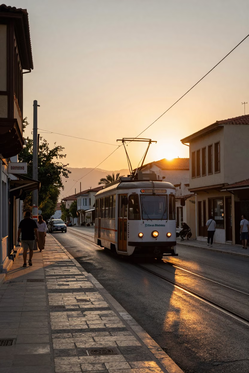 Golden Hour Street Scene in Athens Greece with Tram and Traditional Cafe in in Athens, Greece
