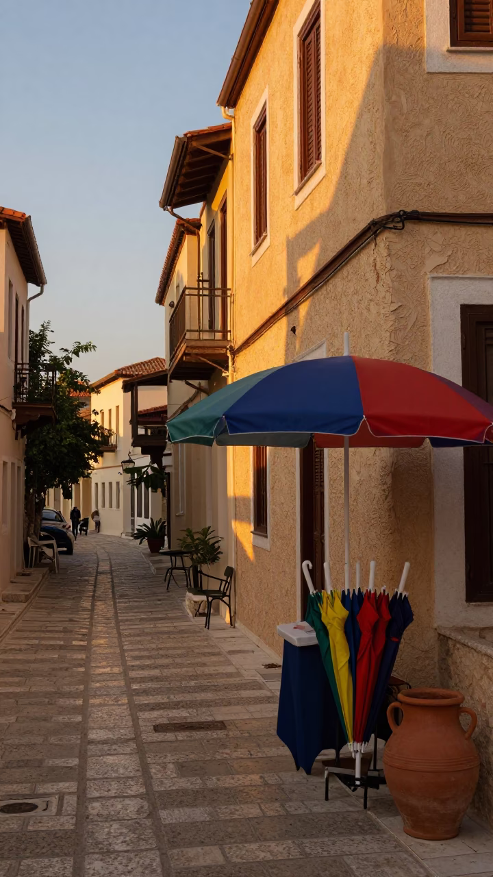 Golden Hour Street Scene in Athens Greece with Umbrellas and Clay Pots in in Athens, Greece