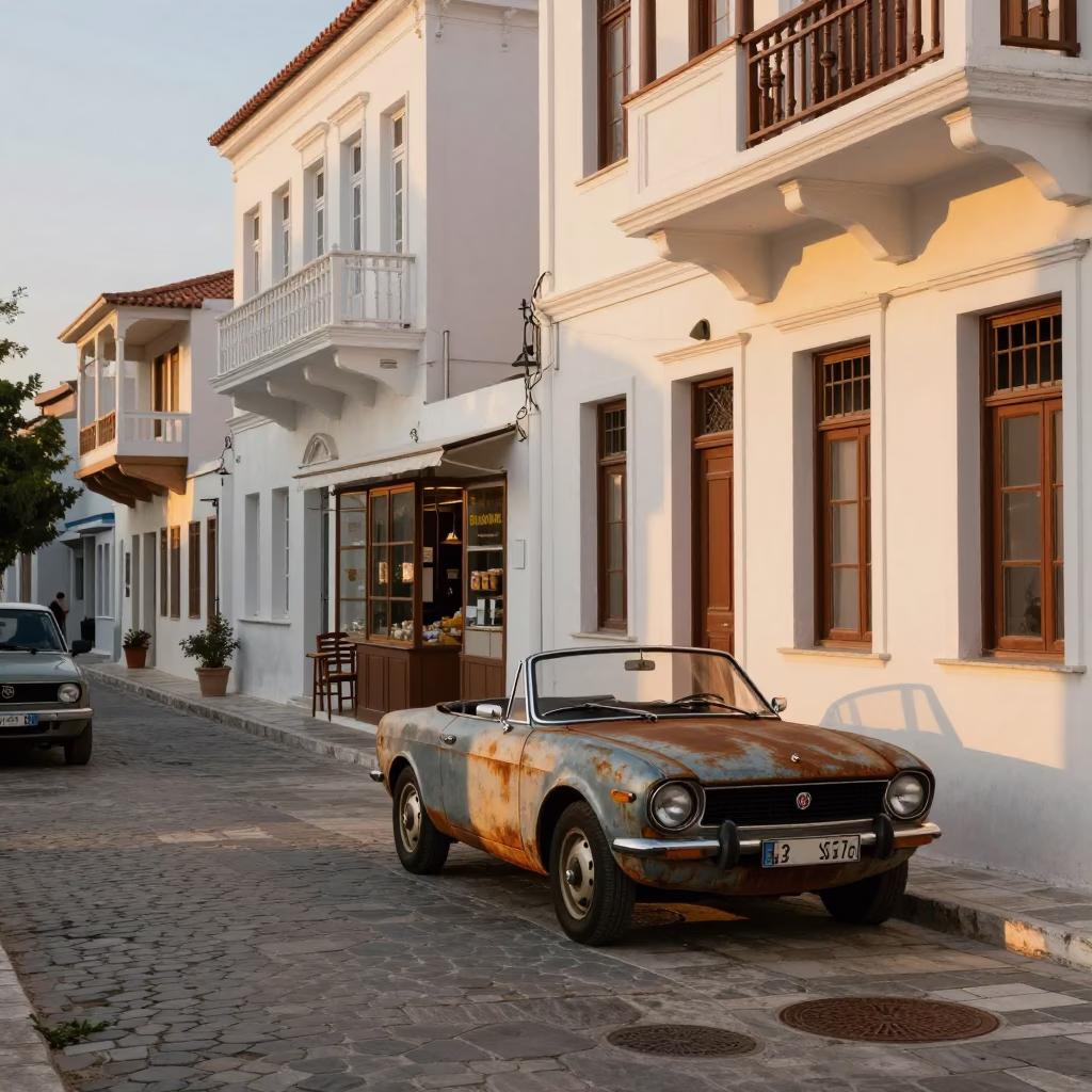 Golden Hour Street Scene in Athens Greece with Vintage Car and Local Details in in Athens, Greece