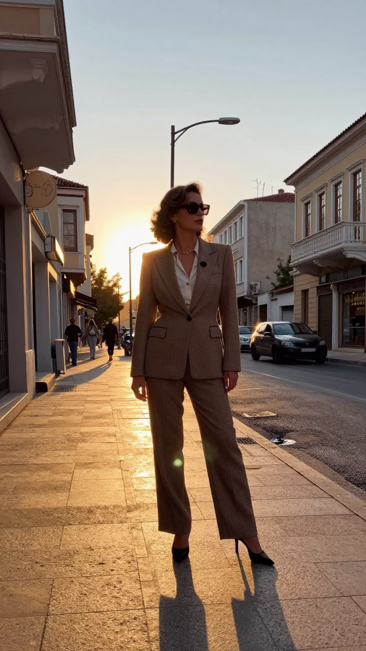 Golden Hour Street Scene in Athens Greece with Vintage Fashion and Urban Details in in Athens, Greece