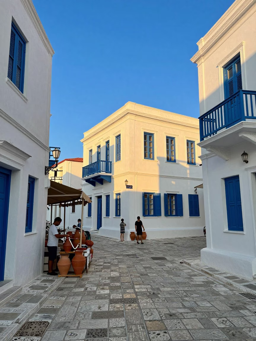 Golden Hour Street Scene in Athens Greece with White Stucco Buildings and Blue Shutters in in Athens, Greece
