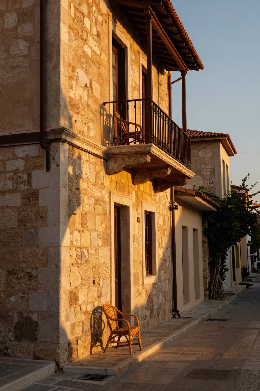 Golden Hour Street Scene in Athens Greece with Wicker Shadow and Linen Fringe Detail in in Athens, Greece