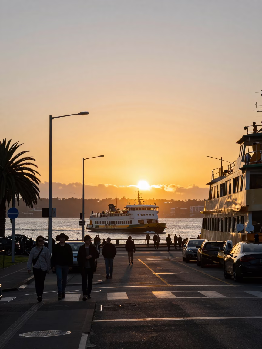 Golden Hour Street Scene in Auckland New Zealand with Ferry and Urban Activity in in Auckland, New Zealand
