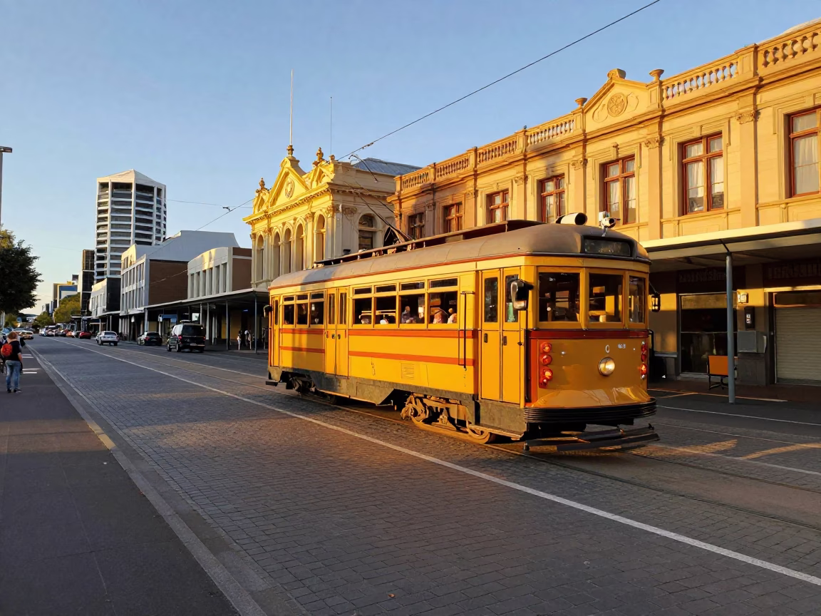 Golden Hour Street Scene in Auckland New Zealand with Heritage Tram and Urban Architecture in in Auckland, New Zealand