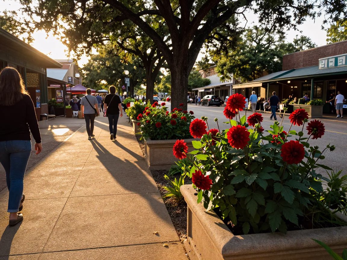 Golden Hour Street Scene in Austin Texas with Dhalia Garden and Local Market Activity in in Austin, Texas, United States