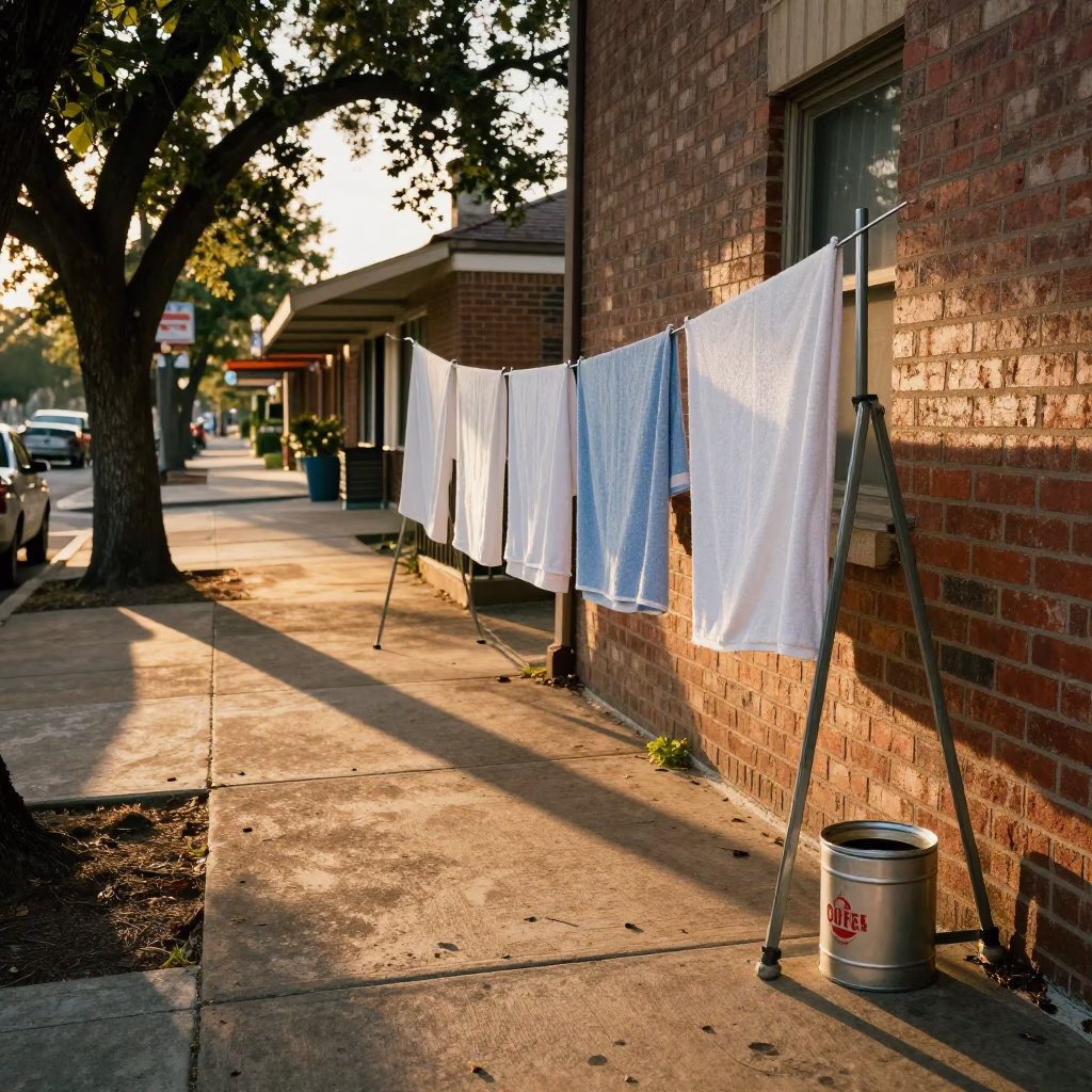 Golden Hour Street Scene in Austin Texas with Drying Towels and Coffee Tin in in Austin, Texas, United States