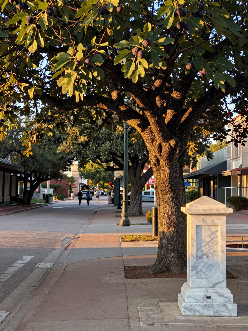 Golden Hour Street Scene in Austin Texas with Fig Tree and Marble Set in in Austin, Texas, United States