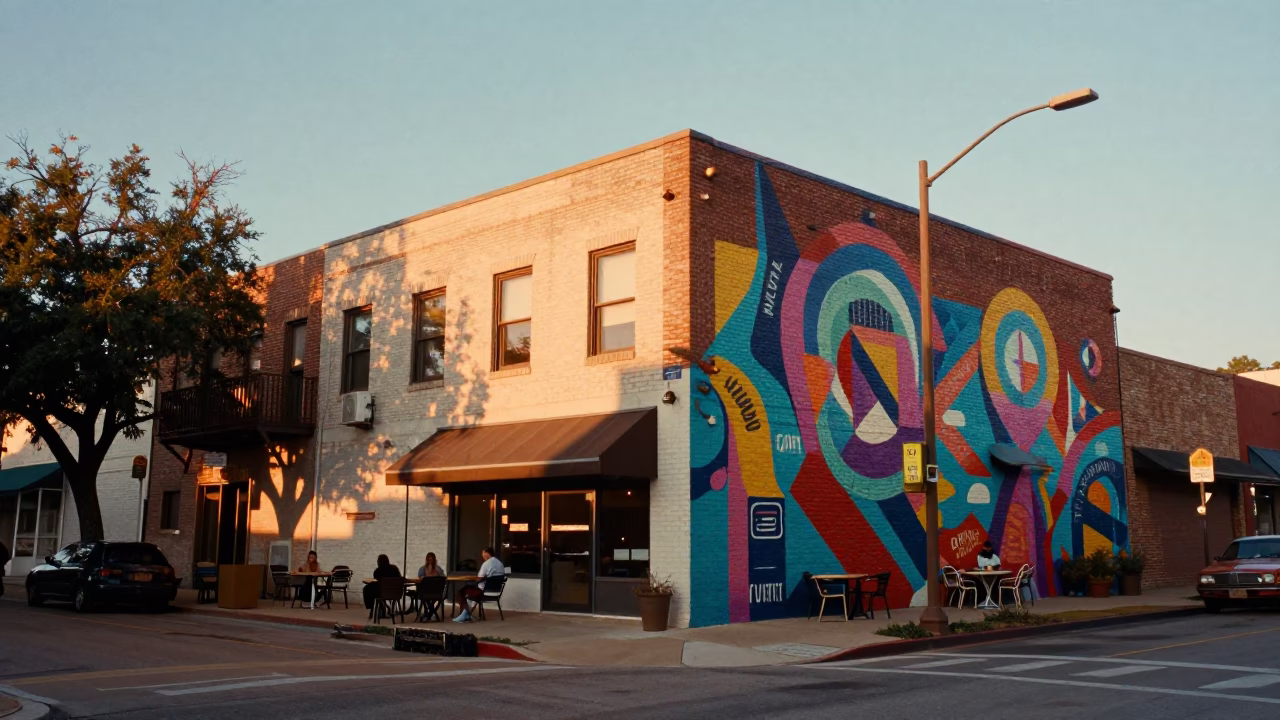 Golden Hour Street Scene in Austin Texas with Local Art and Outdoor Dining in in Austin, Texas, United States