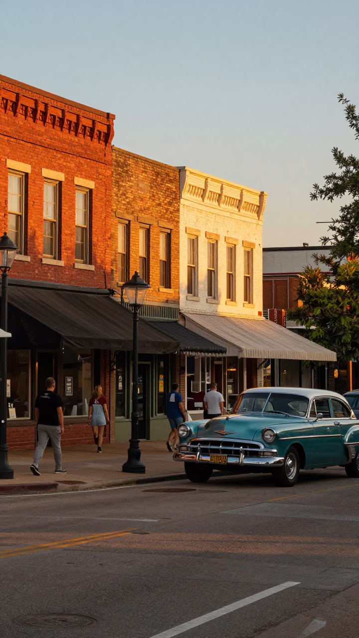 Golden Hour Street Scene in Austin Texas with Vintage 1950s Aesthetic and Local Details in in Austin, Texas, United States