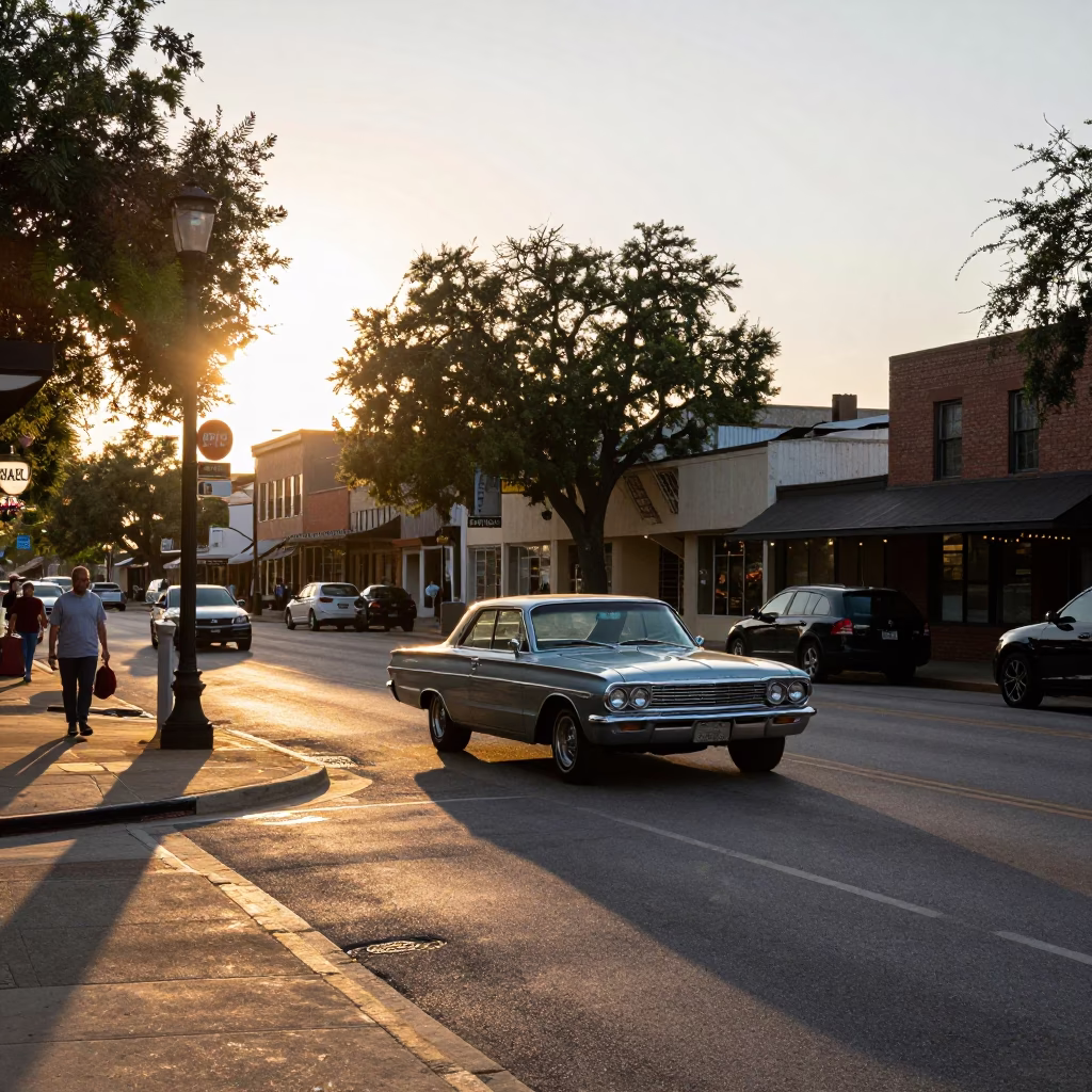 Golden Hour Street Scene in Austin Texas with Vintage Cars and Local Commerce in in Austin, Texas, United States