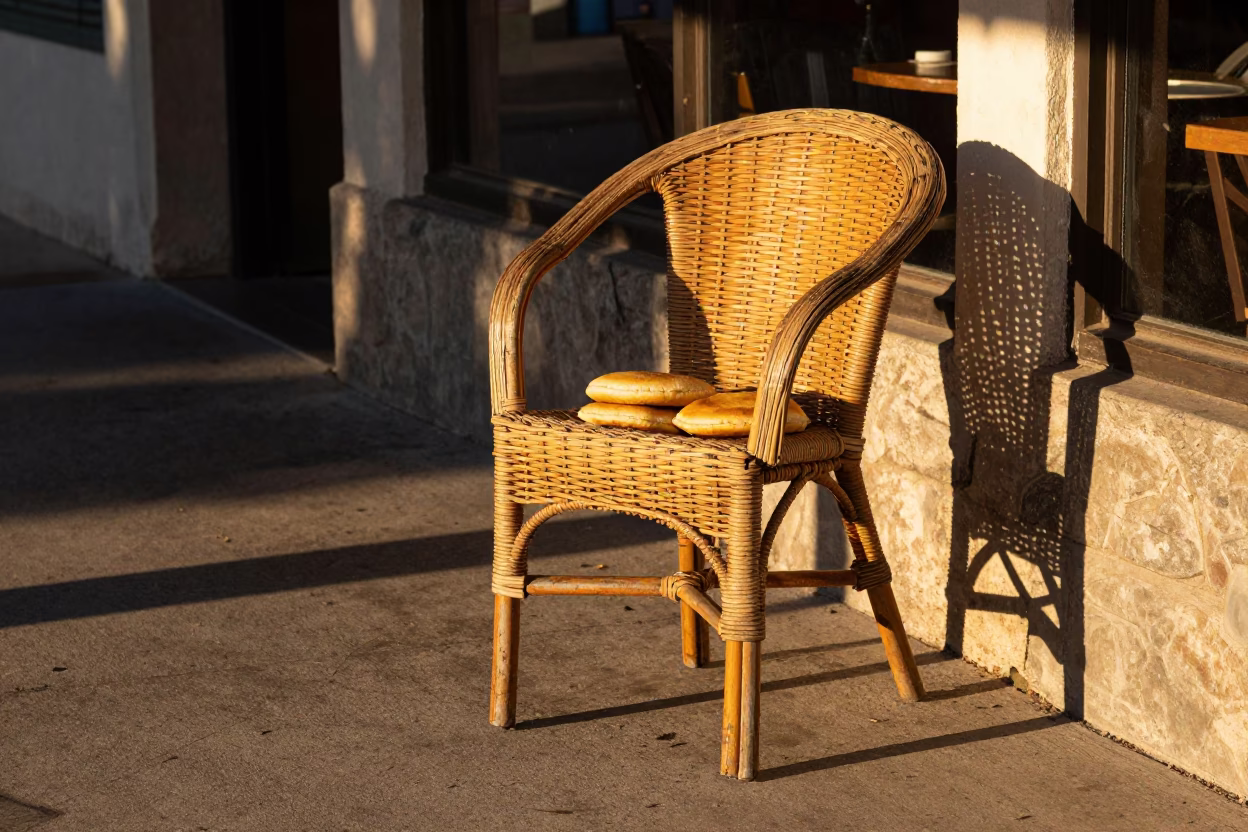 Golden Hour Street Scene in Austin Texas with Wicker Chair and Arepas in in Austin, Texas, United States