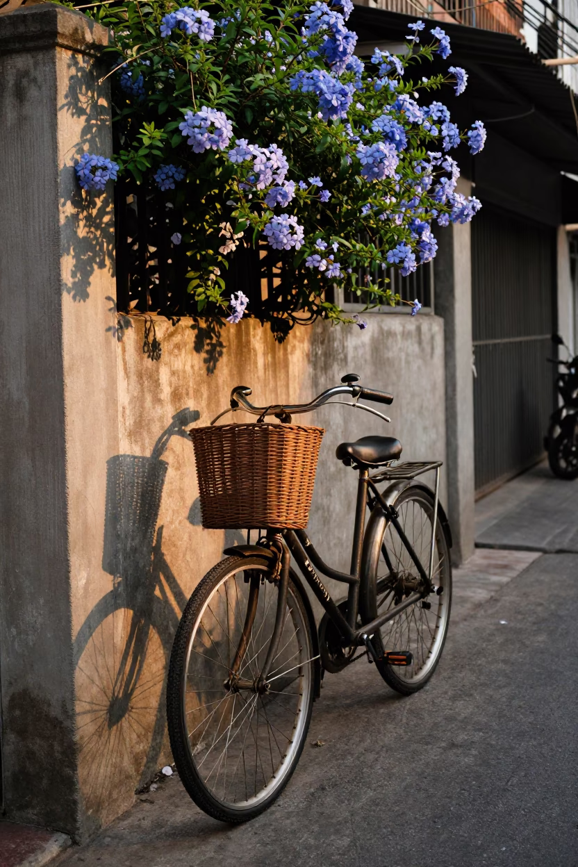 Golden Hour Street Scene in Bangkok Thailand with Bicycle Basket and Blue Plumbago Hedge in in Bangkok, Thailand