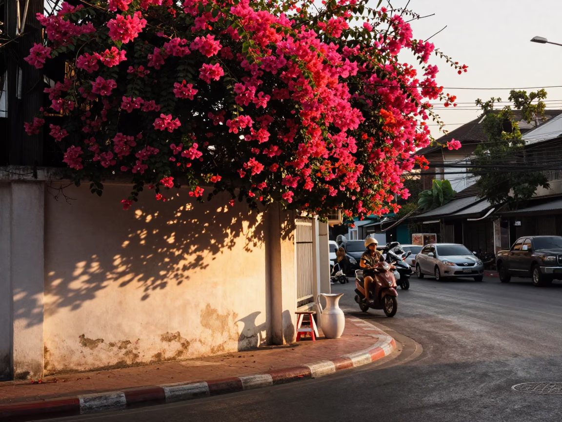 Golden Hour Street Scene in Bangkok Thailand with Bougainvillea and Enamel Pitcher in in Bangkok, Thailand