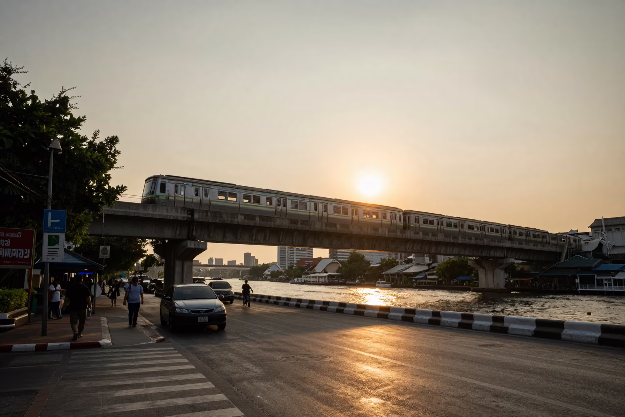 Golden Hour Street Scene in Bangkok Thailand with Commuter Train and Local Market Activity in in Bangkok, Thailand