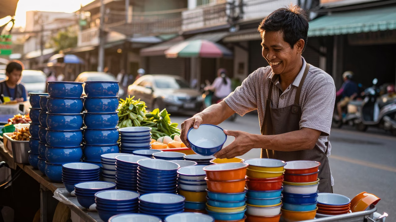 Golden Hour Street Scene in Bangkok Thailand with Enamel Bowls and Street Food Vendor in in Bangkok, Thailand