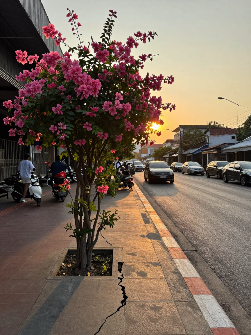 Golden Hour Street Scene in Bangkok Thailand with Flowering Plant and Padlock in in Bangkok, Thailand
