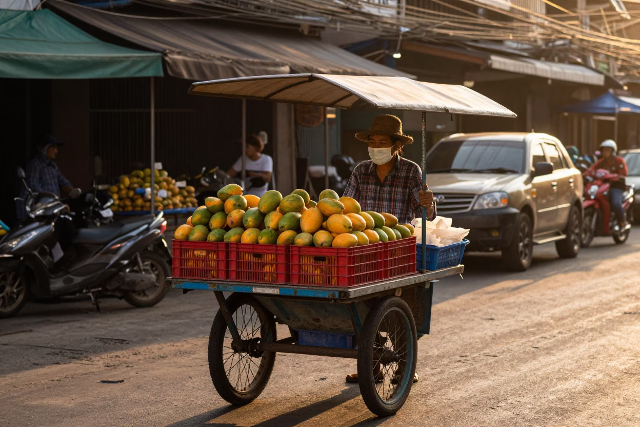 Golden Hour Street Scene in Bangkok Thailand with Fruit Crate and Local Vendor in in Bangkok, Thailand