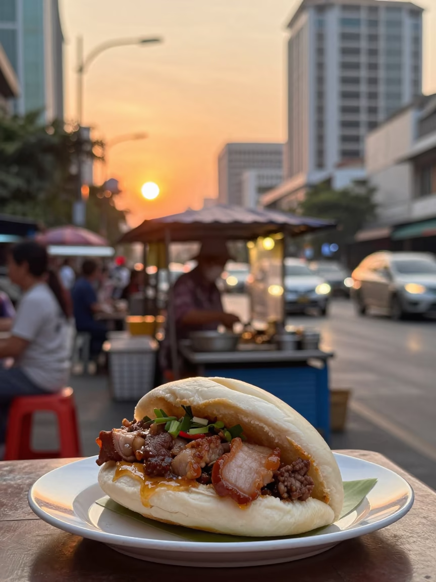 Golden Hour Street Scene in Bangkok Thailand with Gua Bao Vendor and Urban Life in in Bangkok, Thailand