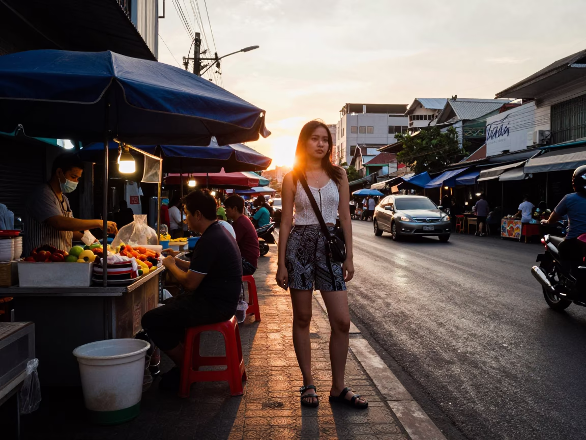 Golden Hour Street Scene in Bangkok Thailand with Local Market Activity in in Bangkok, Thailand