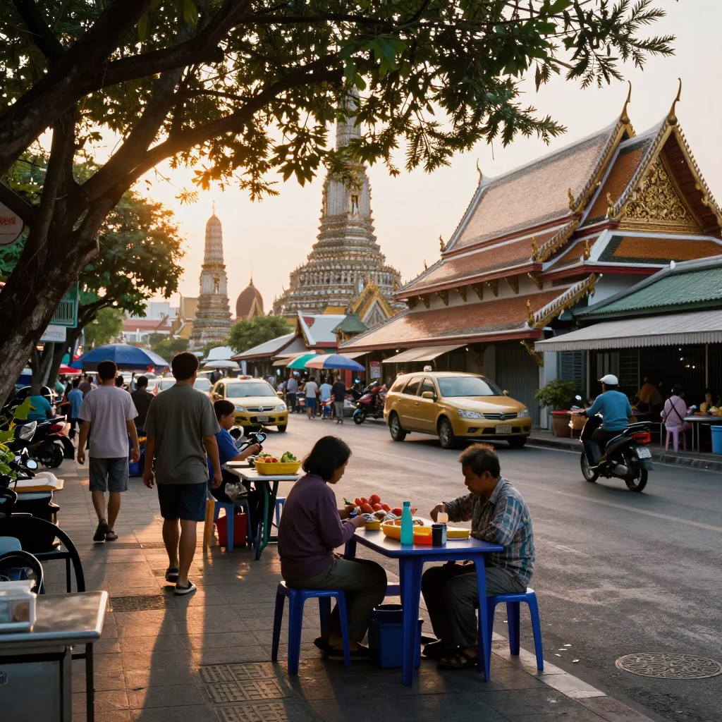Golden Hour Street Scene in Bangkok Thailand with Local Market Vendor and Traditional Food in in Bangkok, Thailand