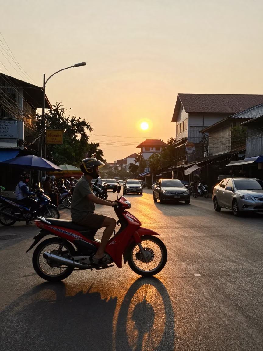 Golden Hour Street Scene in Bangkok Thailand with Motorbike and Local Vendor in in Bangkok, Thailand
