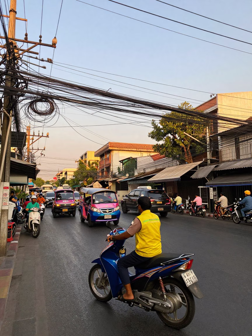 Golden Hour Street Scene in Bangkok Thailand with Motorbike Taxi and Traditional Architecture in in Bangkok, Thailand