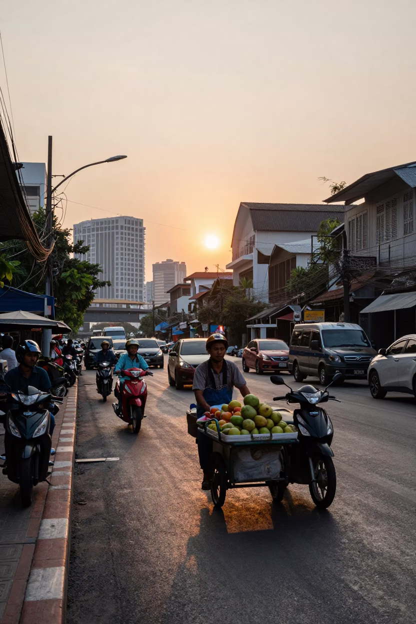 Golden Hour Street Scene in Bangkok Thailand with Motorbikes and Street Food Vendors in in Bangkok, Thailand