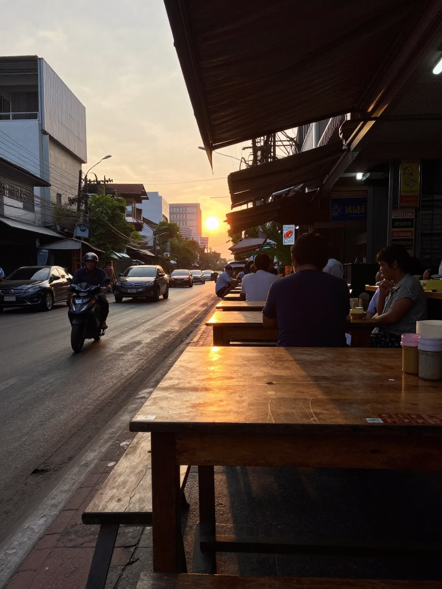 Golden Hour Street Scene in Bangkok Thailand with Sunlight on Tabletop in in Bangkok, Thailand