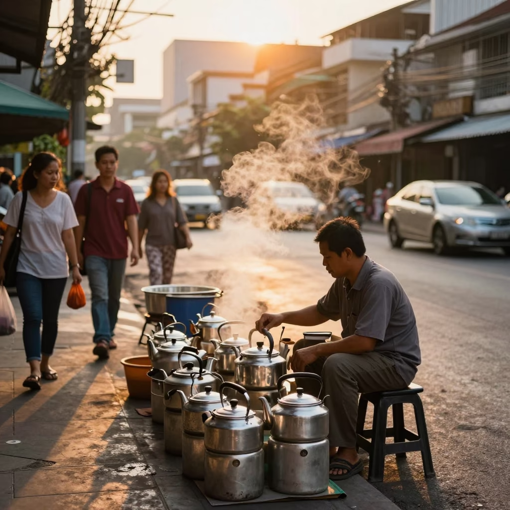 Golden Hour Street Scene in Bangkok Thailand with Tea Kettles and Local Vendor in in Bangkok, Thailand