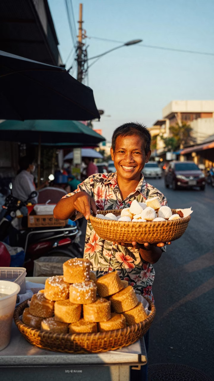 Golden Hour Street Scene in Bangkok Thailand with Vendor Selling Sweets in in Bangkok, Thailand