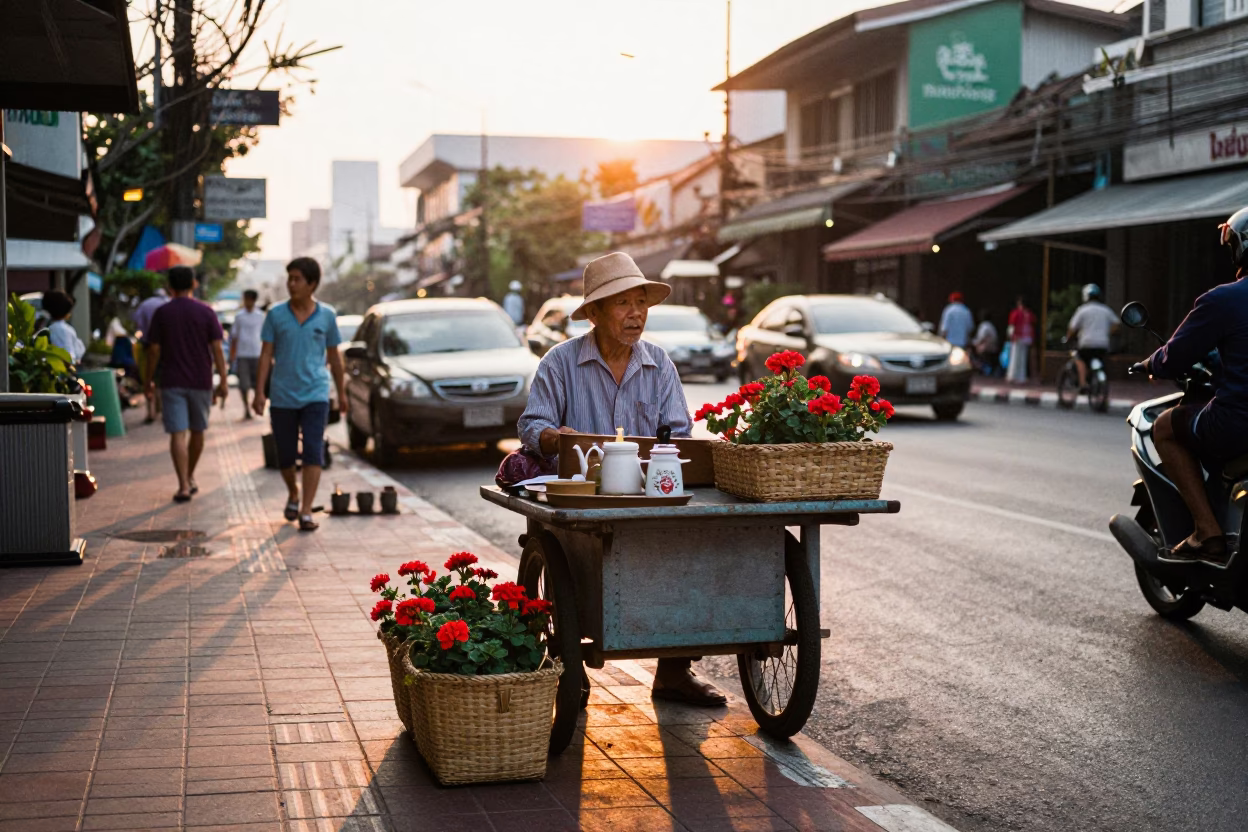 Golden Hour Street Scene in Bangkok Thailand with Woven Baskets and Geraniums in in Bangkok, Thailand