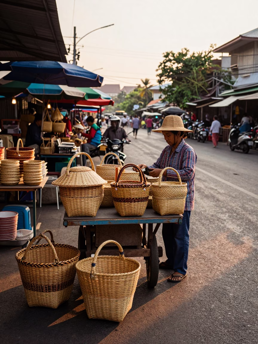 Golden Hour Street Scene in Bangkok Thailand with Woven Baskets and Local Market Activity in in Bangkok, Thailand