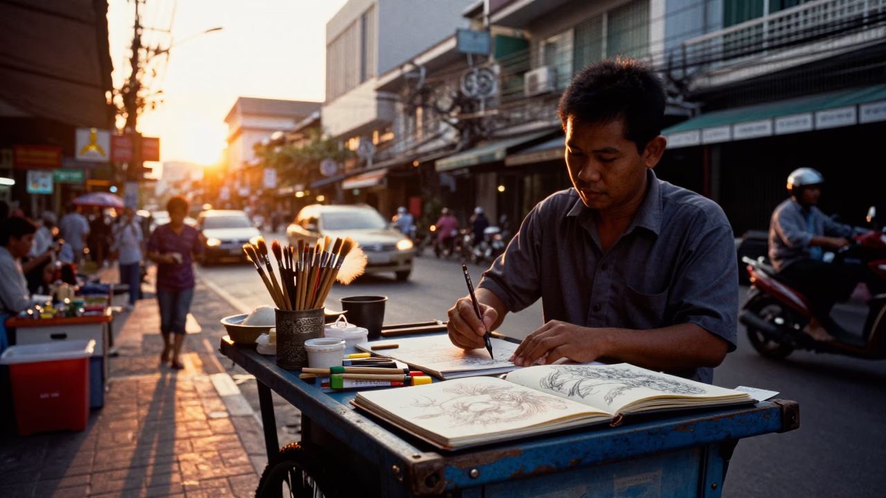 Golden Hour Street Scene in Bangkok Thailand with Writing Brushes and Sketchbook in in Bangkok, Thailand