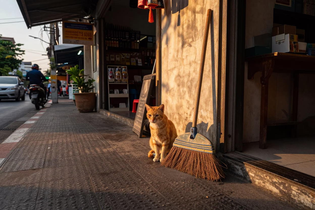 Golden hour street scene in Bangkok with orange cat and broom in in Bangkok, Thailand