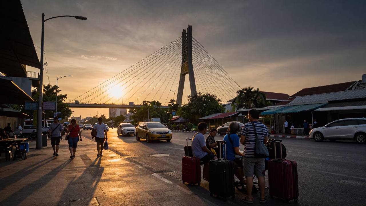 Golden Hour Street Scene in Bangkok with Suitcases and Cable-Stayed Bridge in in Bangkok, Thailand