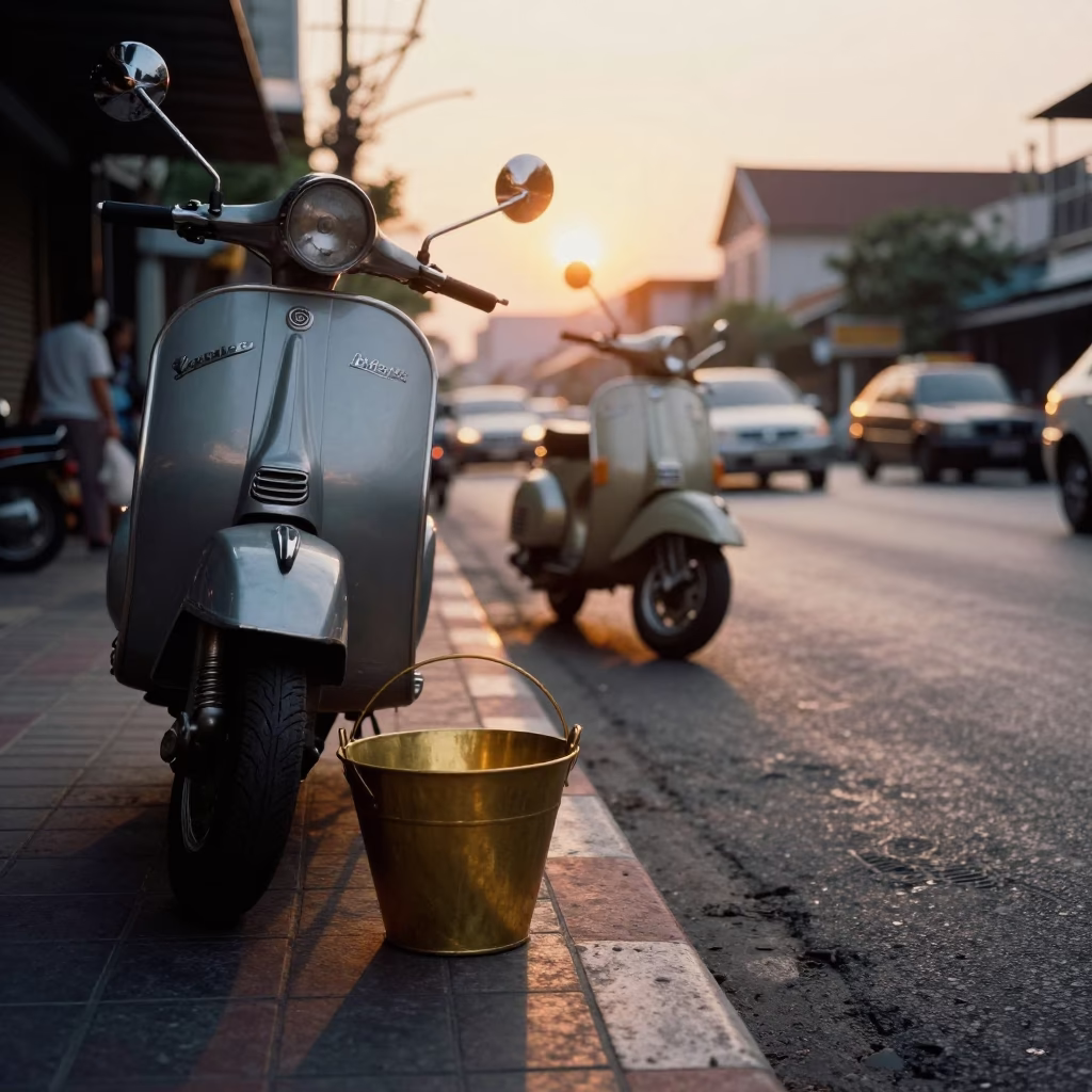 Golden Hour Street Scene in Bangkok with Vintage Vespa and Traditional Attire in in Bangkok, Thailand
