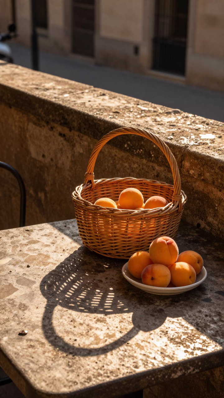 Golden Hour Street Scene in Barcelona Spain with Apricots and Wicker Shadow in in Barcelona, Spain